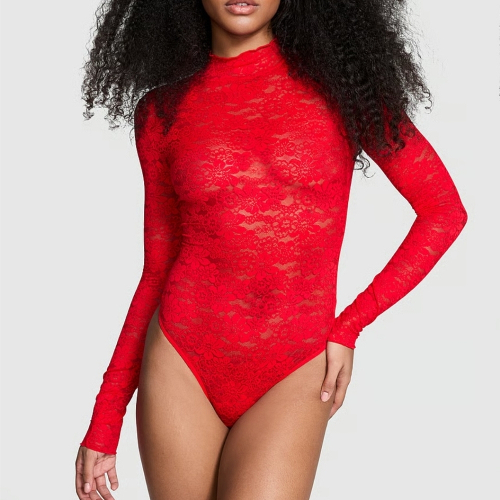 PINK Victoria's Secret Lace Long Sleeve Bodysuit.